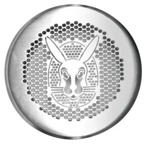 Rundes Edelstahlgitter mit Durchlüftungsöffnungen, gestaltet mit einem Hasenmotiv. Produkt von Vaillant zur Verwendung in Zu- und Abluftsystemen.